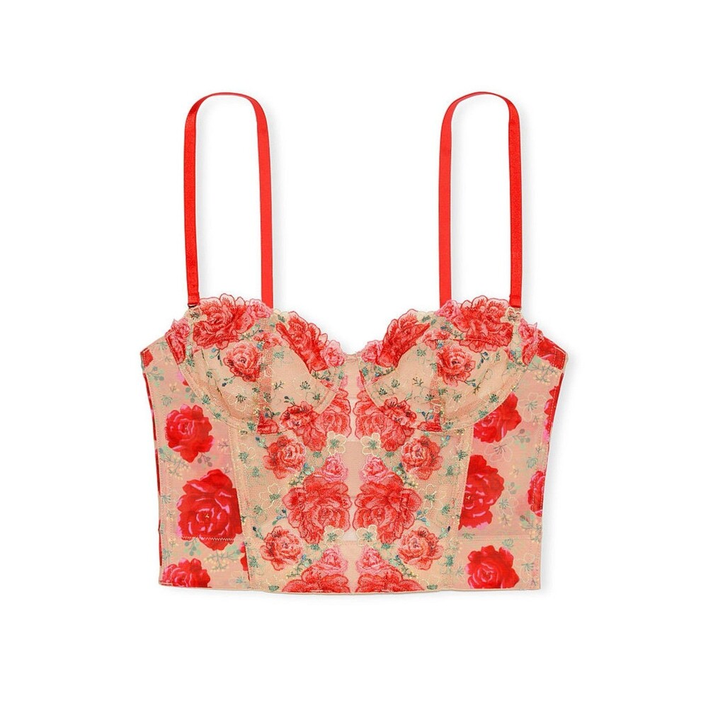 Victoria’s Secret Tomato Red Embroidered Illuminating Blooms Corset Bra 32DD